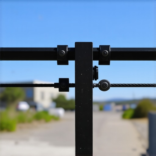 Close-up of cable railing hardware with rubber dampers in a windy setting.
