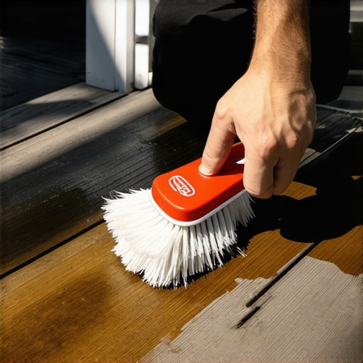 Person scrubbing grease stain on composite deck with soft brush and soapy water