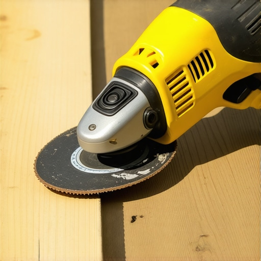 A person using a cordless angle grinder on composite decking to smooth edges