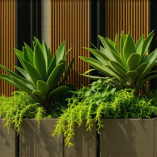 Decorative screens and planters conceal concrete footings in a stylish backyard.