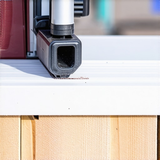 A person using a miter saw to cut PVC trim for covering exposed deck joist ends, with outdoor decking in the background.