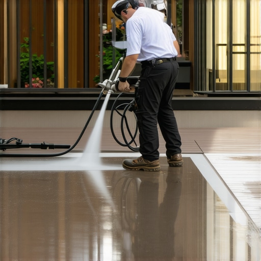 A person using power washer and spray gun to clean and seal a composite deck with a pergola and railing system