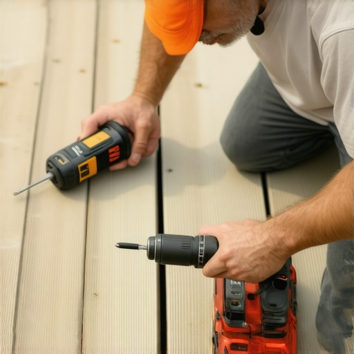Homeowner inspecting deck with moisture meter and using power drill on fasteners