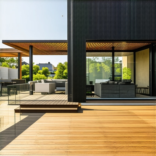 Elegant backyard design with advanced deck and pergola features Stylish deck and pergola with modern railing system in a contemporary backyard.