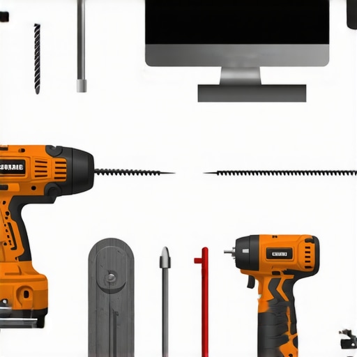 Close-up of tools used for maintaining and building decks and pergolas, including power tools and design software