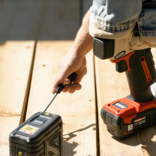 Person measuring moisture content on deck wood with a moisture meter and using a drill for fasteners.
