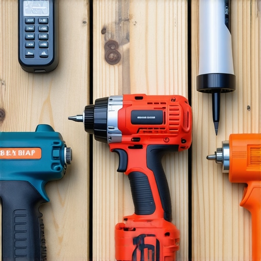 A set of high-quality impact driver, moisture meter, and sealant gun arranged on a workbench ideal for deck and pergola upkeep.