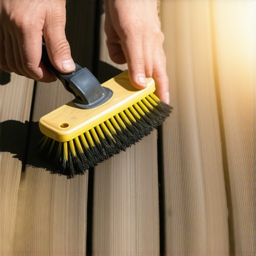 Person cleaning composite deck with a soft-bristle brush and cleaning solution.