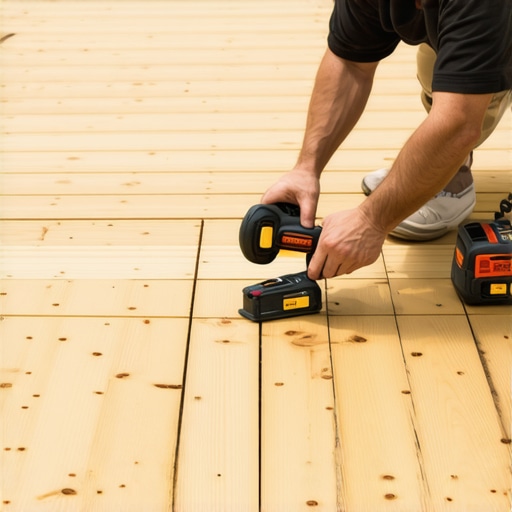 Person applying sealant and measuring deck with advanced tools