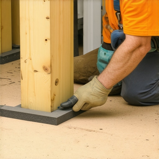 Leveling Pergola Support with Shims Close-up of hand inserting composite shim under pergola post for proper leveling.