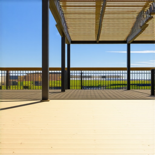 A stylish backyard deck featuring light-colored decking, modern railing, and a pergola offering shade in a sunny setting.