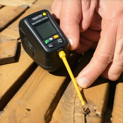 Homeowner testing wood moisture content with a digital moisture meter on a deck surface