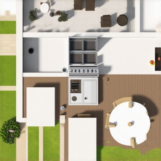 Outdoor Kitchen Layout Plan Top-down view of outdoor kitchen arrangement with zones and measurements.