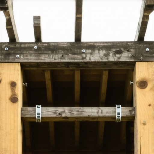 Close-up of hands installing metal brackets and shims on a sagging pergola beam