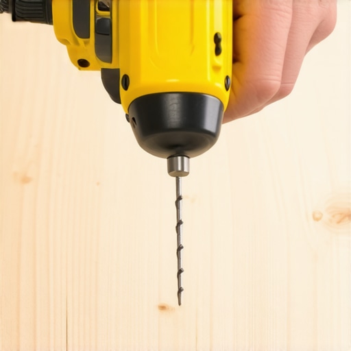 Person pre-drilling hole in pressure-treated wood using a cordless drill, illustrating careful preparation for railing brackets.
