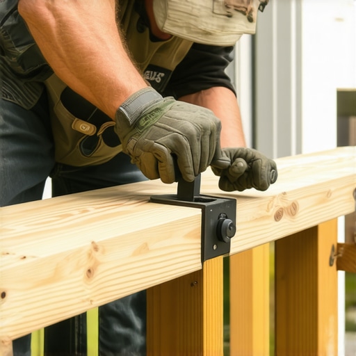 Someone tightening a metal bracket on a deck railing to prevent wobbling.
