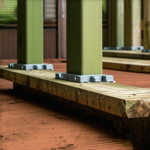 Close-up view of wooden support beams and joists strengthening a composite deck