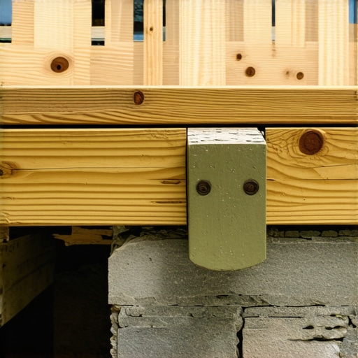 Close-up view of a reinforced outdoor deck with support beams and stone pads supporting a heavy stone feature.