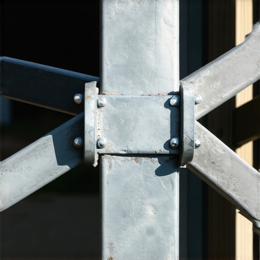 Close-up view of galvanized steel support beams with bolts in outdoor kitchen