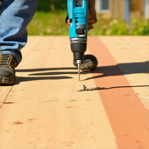 Close-up of a hand using a drill to install composite deck screws flush with wood surface.