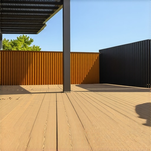 Stylish deck with railing and pergola A beautiful outdoor deck featuring a modern railing and a pergola in a peaceful backyard setting