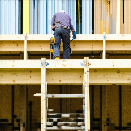 Carpenter supports beams and brackets for a floating deck extension, illustrating support placement and support methods.