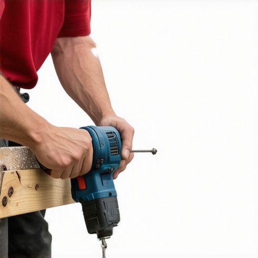 Man tightening deck railing screws with drill to stabilize wobbly railing.