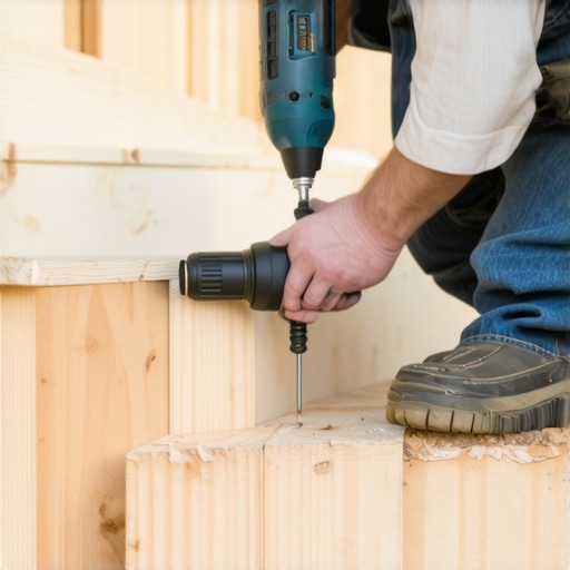 DIY homeowner securing stair tread fasteners on deck stairs with a power drill.