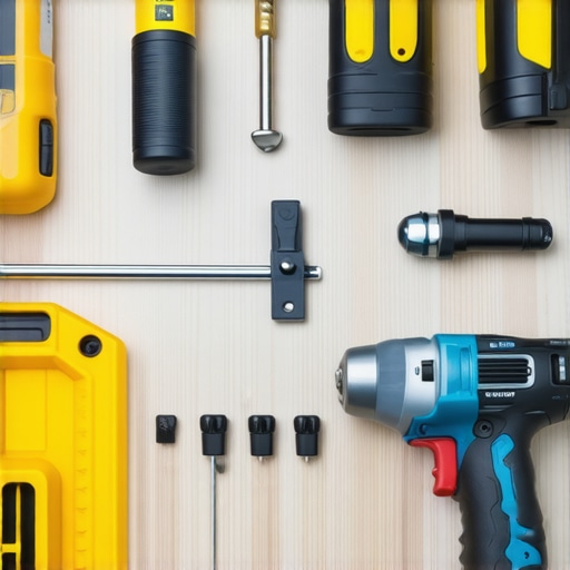 Various professional power tools and measurement devices arranged on a workbench, illustrating equipment used for deck upkeep.