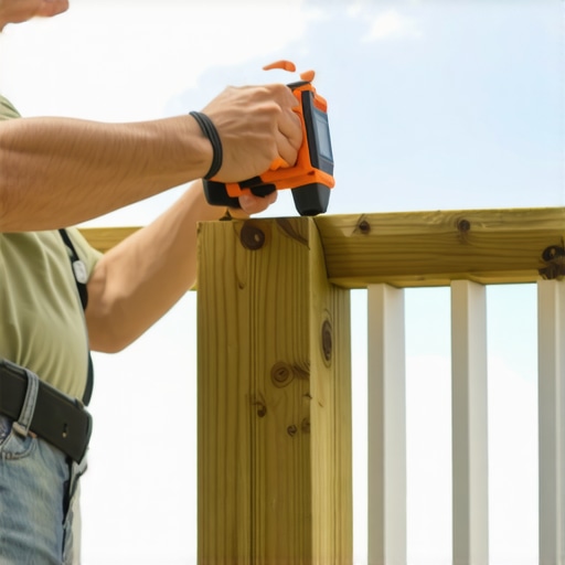 Person measuring deck railing post with laser distance meter outdoors on sunny day
