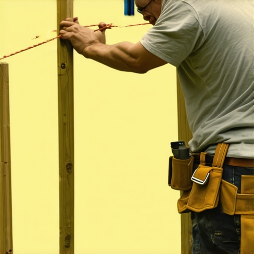 A person setting up a taut string between stakes to mark post positions for a pergola installation.