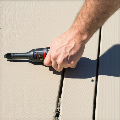 A person tightening railing bolts on a composite deck with a torque wrench for durability.