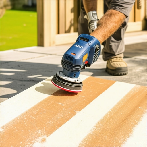 Using an Orbital Sander for Deck Maintenance A person sanding composite deck boards with a cordless orbital sander outdoors.