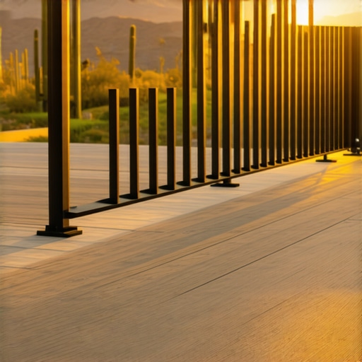 Advanced Desert Decking Details Close-up of composite decking and heat-safe railing system in an arid environment