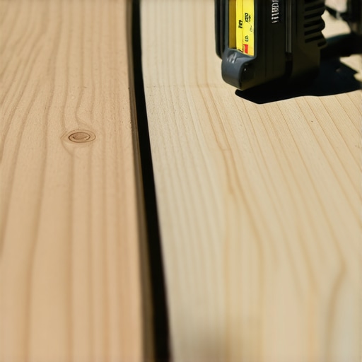 Close-up of a composite deck board with visible crowning and a carpenter's level for measurement.