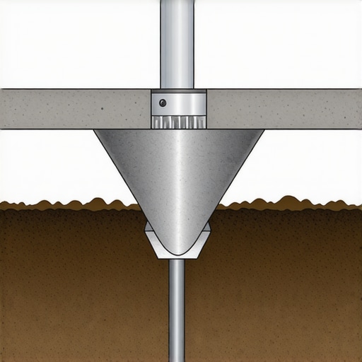Diagram showing a bell-shaped concrete deck footing below the frost line for structural stability.