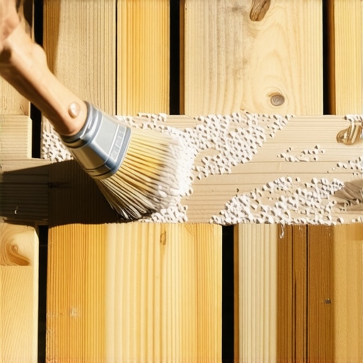 Close up of transparent anti-slip coating being applied to a composite deck board with a brush.