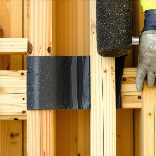 Contractor applying protective butyl tape to the top of a wooden deck joist to prevent moisture rot.