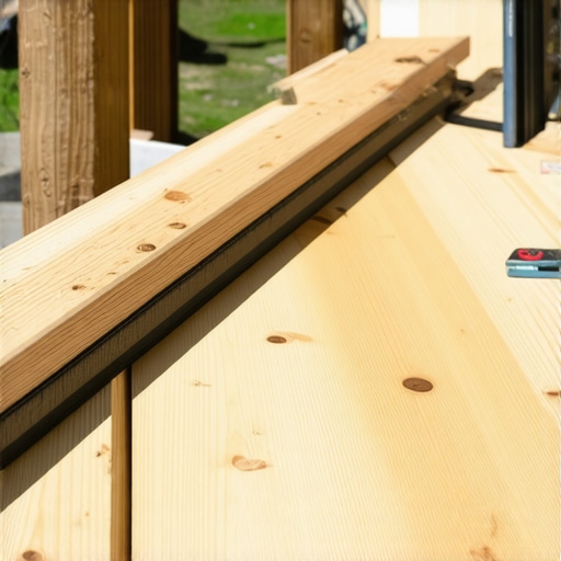 Builder sealing wooden deck joists with black butyl tape to prevent rot