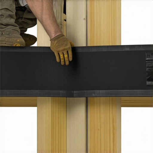 A contractor sealing wooden deck joists with waterproof tape to prevent rot.