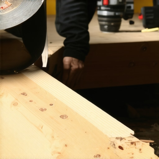 Carpenter applying waterproof butyl joist tape to the top of wooden deck joists to prevent rot.