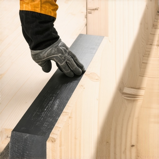 Close up of black butyl tape being applied to a wooden deck joist for moisture protection.