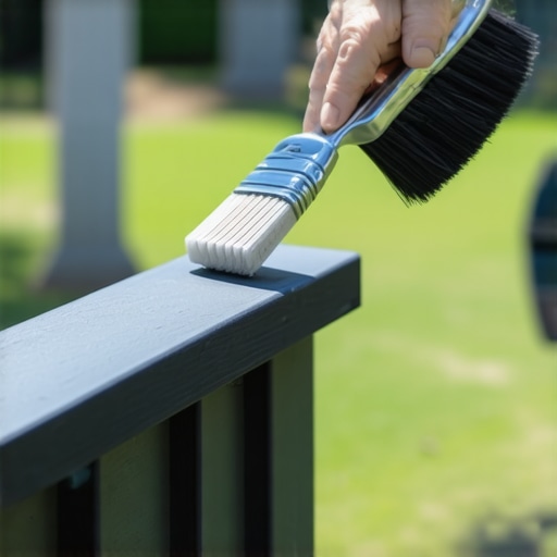 Close up of espresso colored restorer being applied to a faded gray composite railing cap.