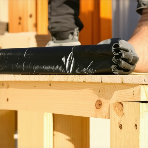 Close-up of deck joist flashing tape application for rot prevention.