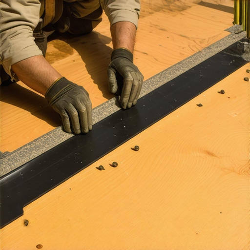 A close-up of deck joist tape being applied to prevent wood rot under composite decking.