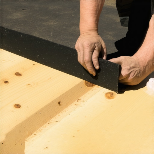Contractor applying protective joist tape to a wooden deck frame to prevent rot under composite decking.