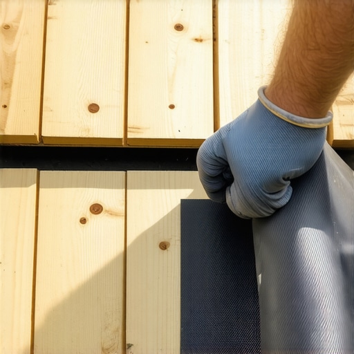 Carpenter applying protective butyl tape to deck joists to prevent wood rot.