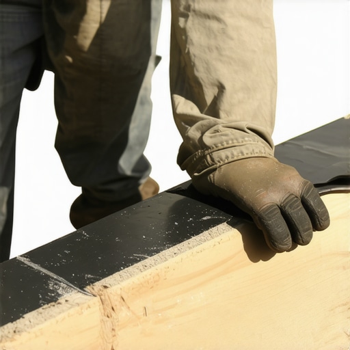 Professional deck builder applying protective joist tape to prevent wood rot under composite decking.