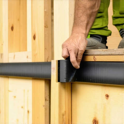 Contractor applying waterproof joist tape to a deck frame to prevent rot.