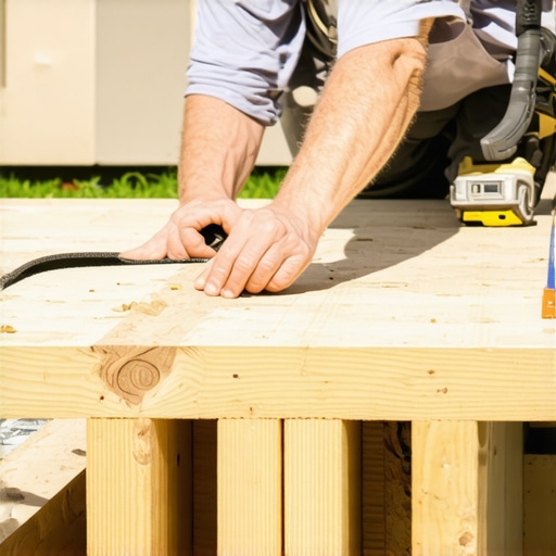 Close-up of deck joist tape being applied to a wood frame to protect against moisture and rot.